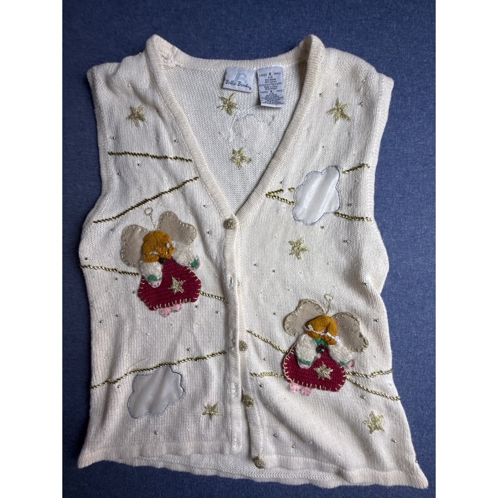 Bobbie Brooks Vintage Angel Christmas Sweater Vest Cream Gold Metallic Small